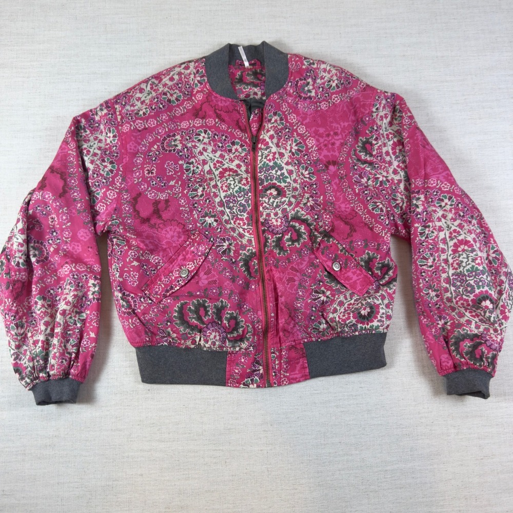 Free People Pink Paisley Floral Tencel Bomber Jacket Womens Size Small Magenta